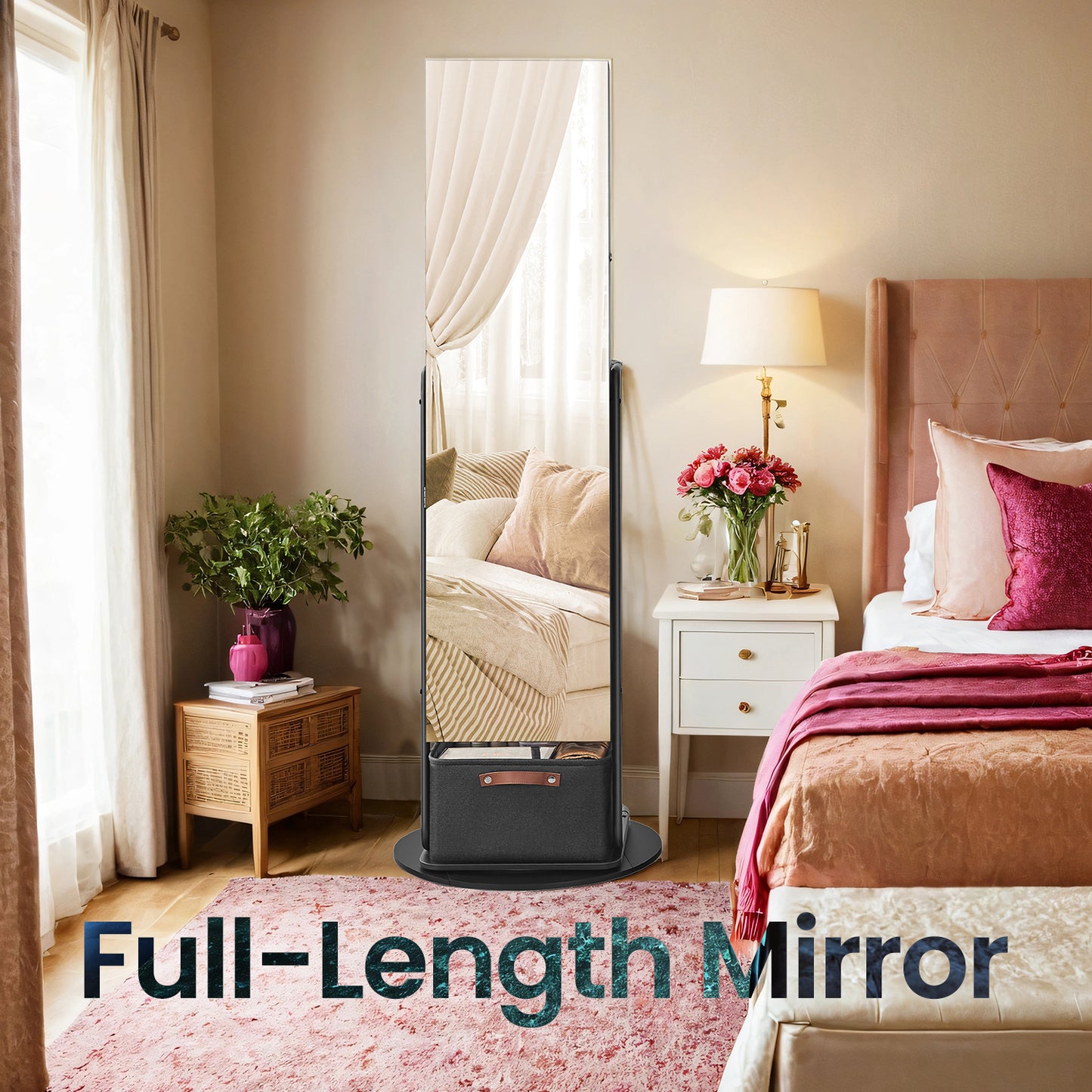 360° Swivel Jewelry Cabinet with LED Lights - Full-Length Mirror, Makeup Shelf & Storage Basket, Standing Armoire Organizer, Ink Black