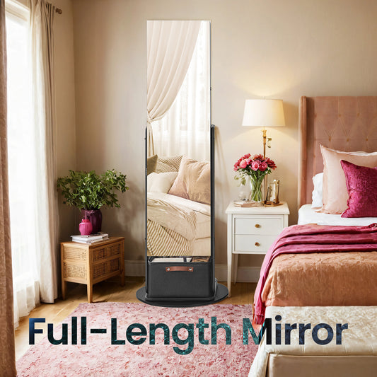 360° Swivel Jewelry Cabinet with LED Lights - Full-Length Mirror, Makeup Shelf & Storage Basket, Standing Armoire Organizer, Ink Black