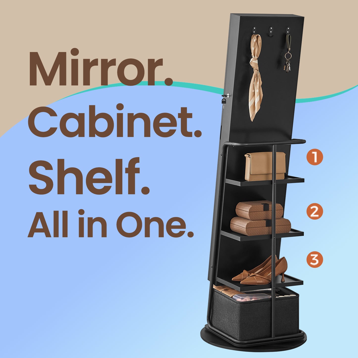 360° Swivel Jewelry Cabinet with LED Lights - Full-Length Mirror, Makeup Shelf & Storage Basket, Standing Armoire Organizer, Ink Black