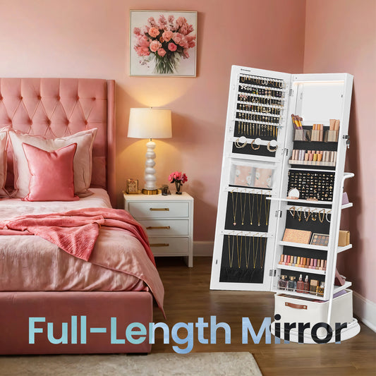 360° Rotating Jewelry Cabinet with LED Lights - Full-Length Mirror, Makeup Station & Storage Organizer, Standing Armoire with Basket, Cloud White
