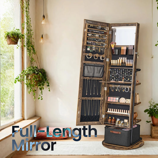 360° Rotating Jewelry Cabinet with LED Lights - Full-Length Mirror, Jewelry Organizer & Makeup Station, Storage Basket, Rustic Brown