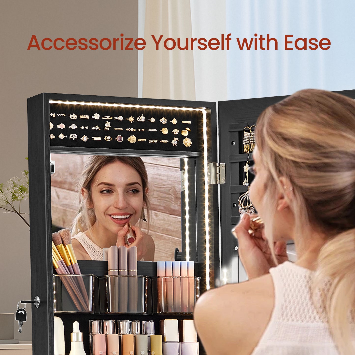 Standing Jewelry Cabinet with LED Mirror - Full-Length Organizer, 2 Lockable Drawers, Makeup Station & 100+ Storage Slots, Freestanding, Black