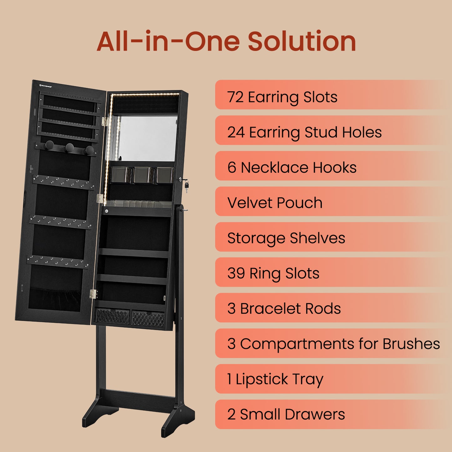 Standing Jewelry Cabinet with LED Mirror - Full-Length Organizer, 2 Lockable Drawers, Makeup Station & 100+ Storage Slots, Freestanding, Black
