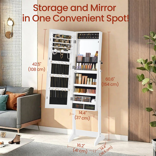 Standing Jewelry Cabinet with LED Mirror - Full-Length Organizer, 150+ Storage Slots, 2 Lockable Drawers, Freestanding Vanity, White
