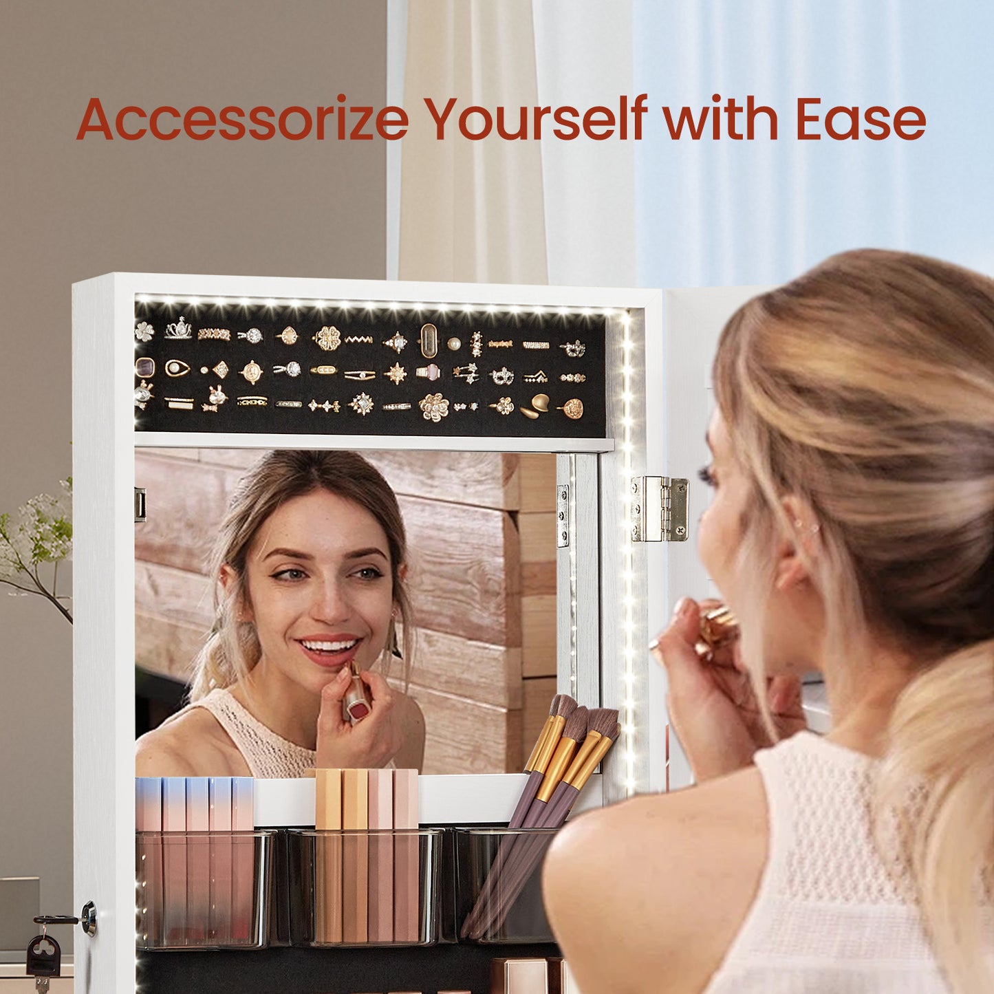Standing Jewelry Cabinet with LED Mirror - Full-Length Organizer, 150+ Storage Slots, 2 Lockable Drawers, Freestanding Vanity, White