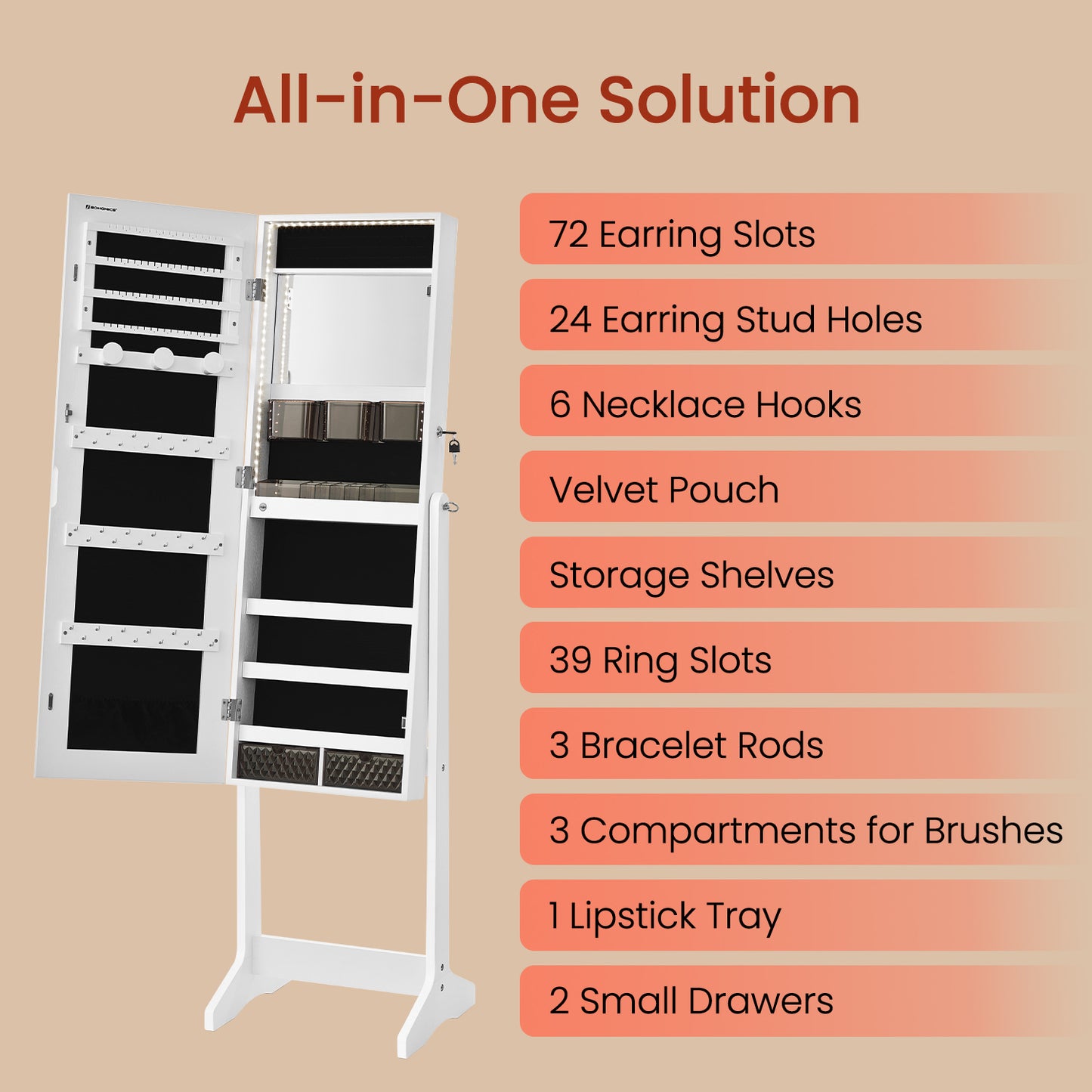Standing Jewelry Cabinet with LED Mirror - Full-Length Organizer, 150+ Storage Slots, 2 Lockable Drawers, Freestanding Vanity, White