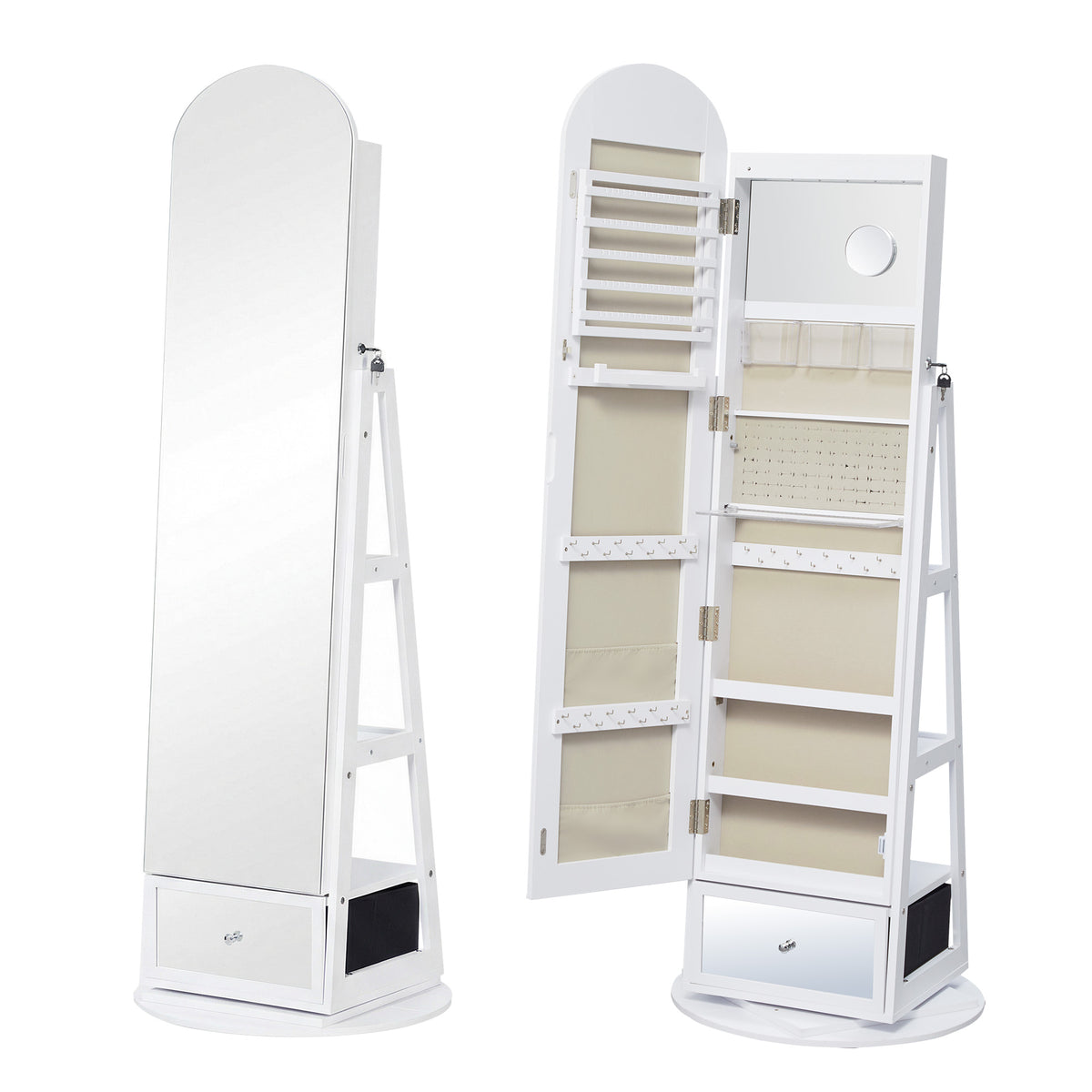 Jewelry Cabinet with 360° Swivel Full-Length Arched Mirror and LED Lights, 22 x 22 x 63.7 Inches, White and Beige