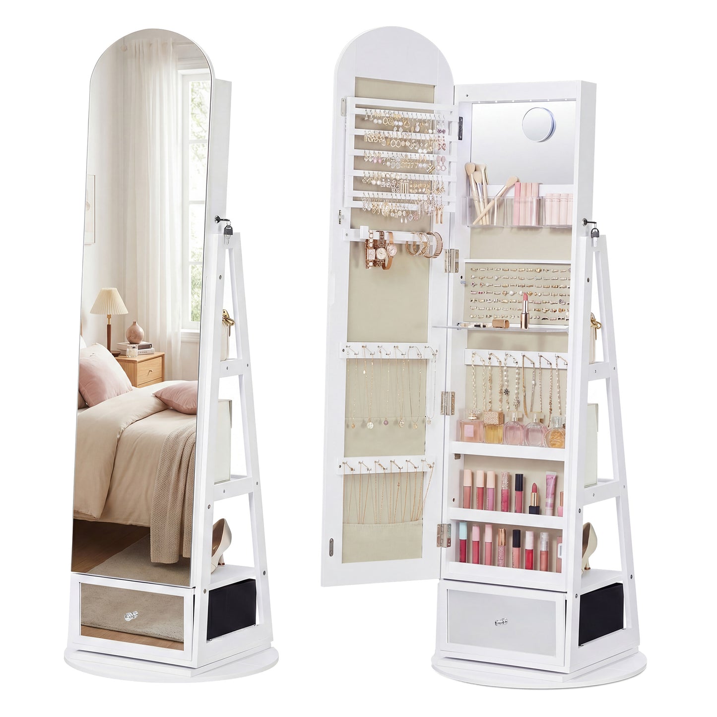 Jewelry Cabinet with 360° Swivel Full-Length Arched Mirror and LED Lights, 22 x 22 x 63.7 Inches, White and Beige