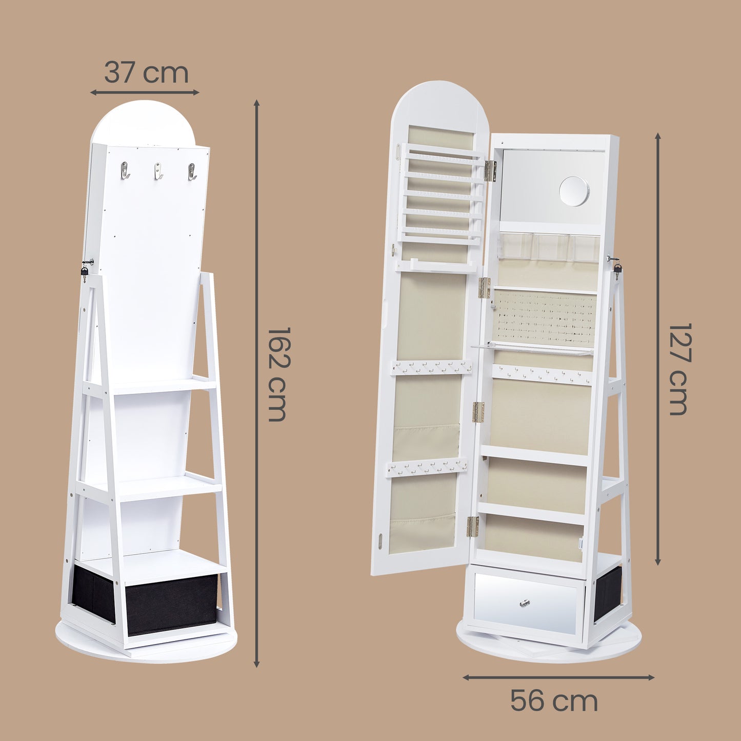 Jewelry Cabinet with 360° Swivel Full-Length Arched Mirror and LED Lights, 22 x 22 x 63.7 Inches, White and Beige