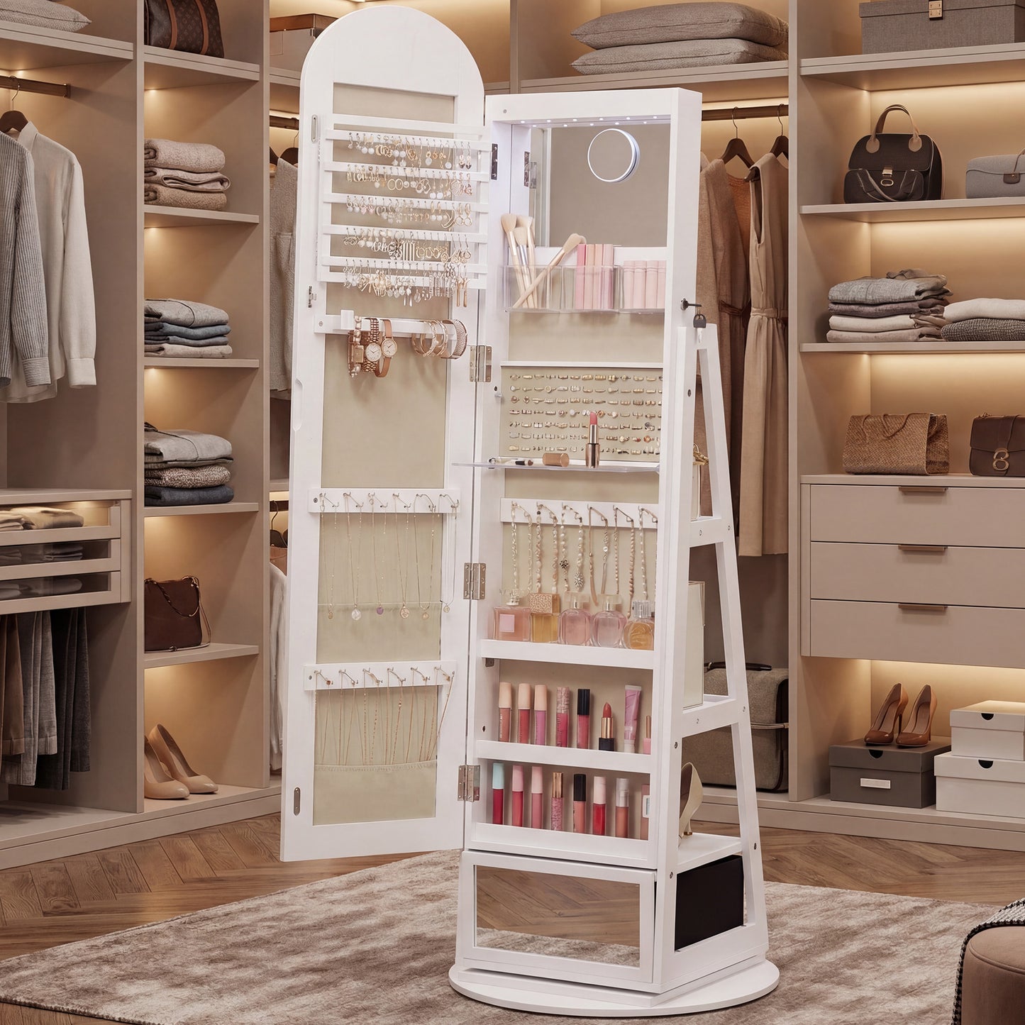 Jewelry Cabinet with 360° Swivel Full-Length Arched Mirror and LED Lights, 22 x 22 x 63.7 Inches, White and Beige