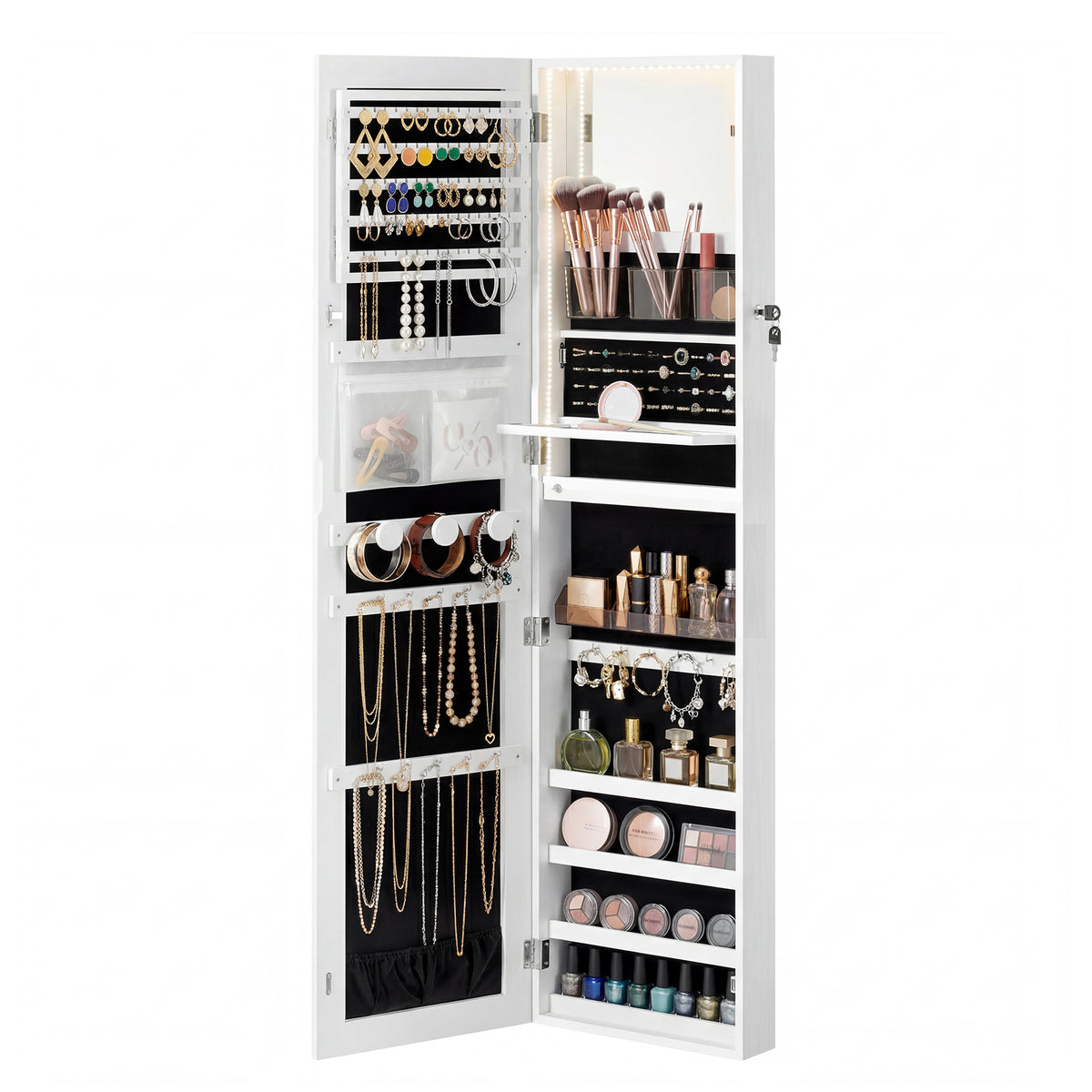 LEDREM 55.1-Inch Tall Spacious Jewelry Cabinet, Jewelry Armoire with Light-Up Interior Mirror, Wall or Door Mounted Jewelry Storage Organizer, Lockable, Gift, White and Black
