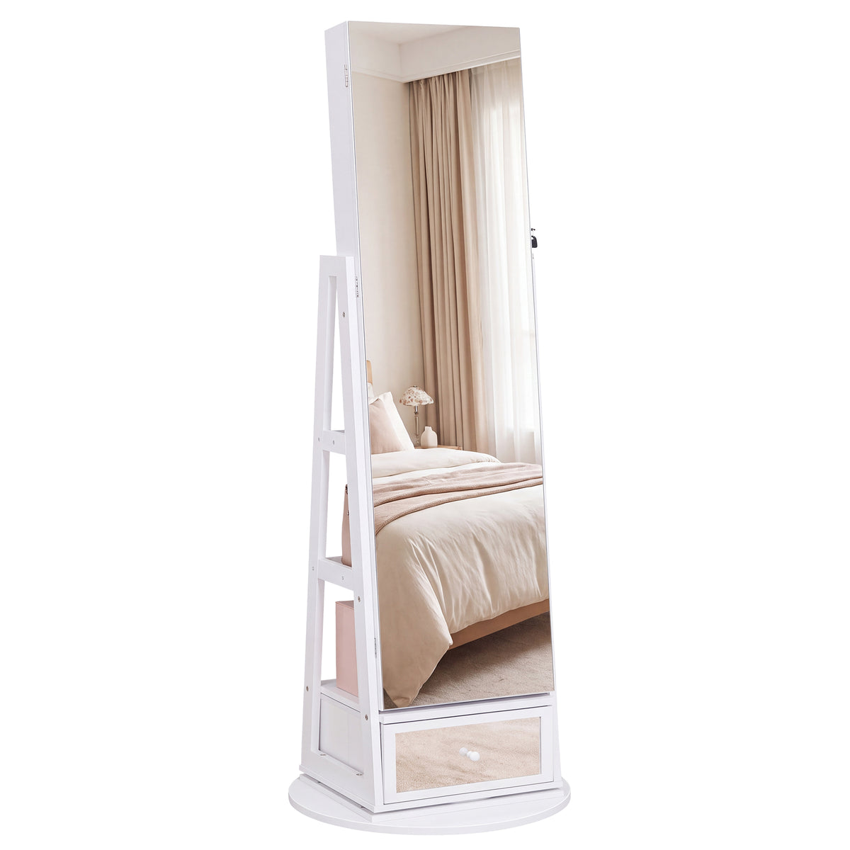 Ledrem 360° Swivel Jewelry Cabinet with Frameless Mirror and Drawer, Lockable, 19.1 x 19.1 x 60 inches, Black and White