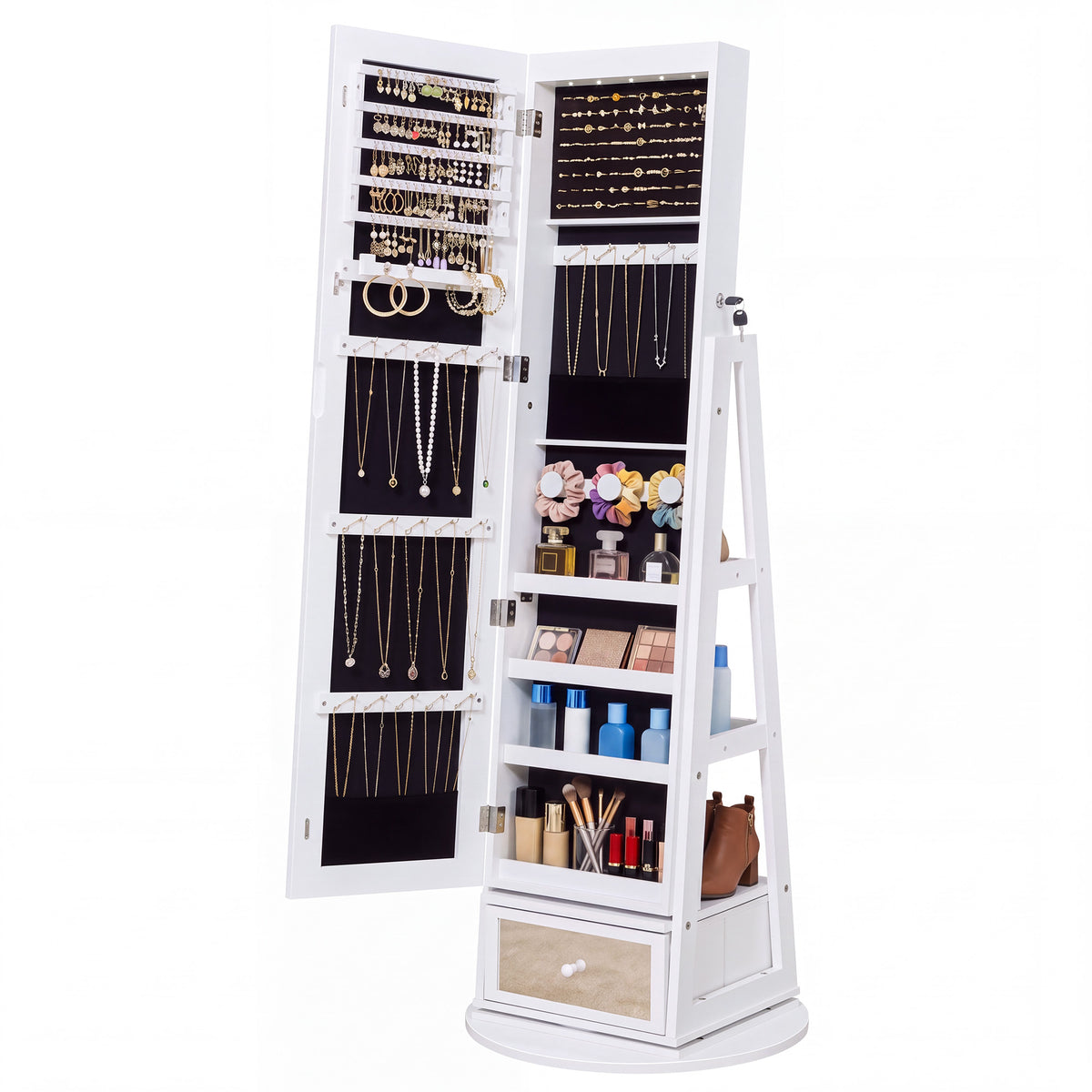 Ledrem 360° Swivel Jewelry Cabinet with Frameless Mirror and Drawer, Lockable, 19.1 x 19.1 x 60 inches, Black and White