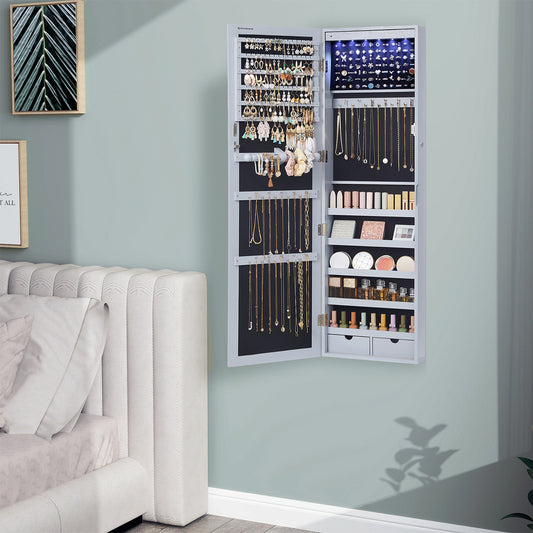 LED Illuminated Jewelry Cabinet - 47" Tall Wall/Door Mount Organizer with Full-Length Mirror & 200+ Storage Slots, 2 Drawers, Gray