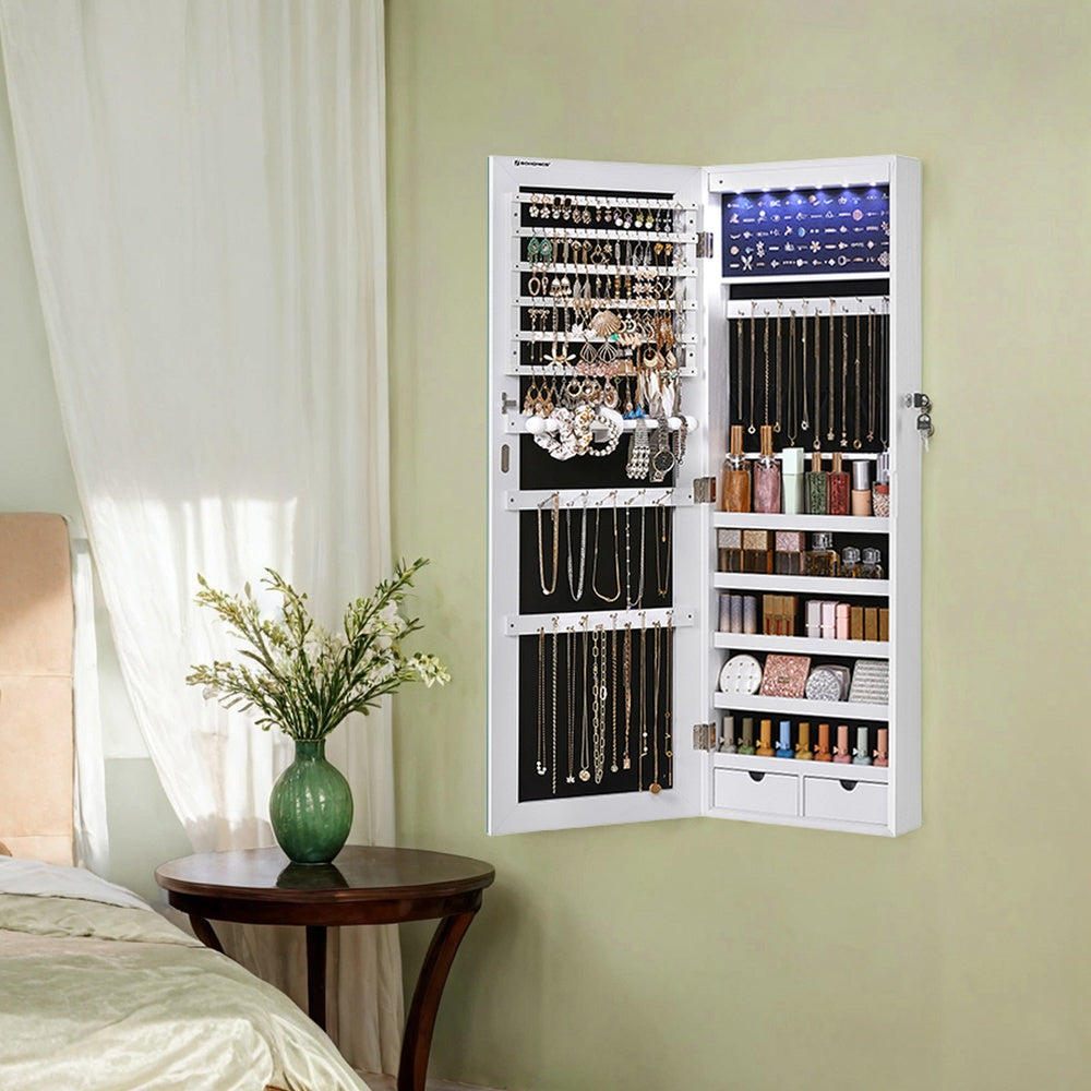 Wall-Mounted Jewelry Cabinet with LED Lights and Full-Length Mirror, 42.5 Inch Jewelry Armoire Organizer with Multiple Storage, White