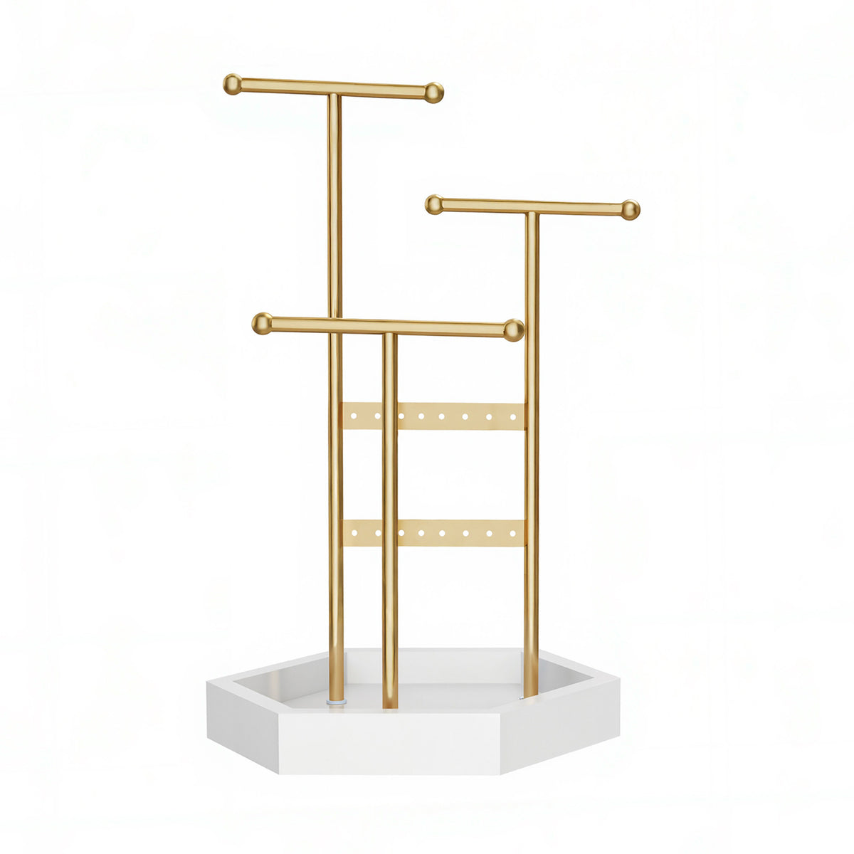 LEDREM Jewelry Holder, 3-Tier T-Bar Necklace Display Stand with Tray, 9 x 7.2 x 14 Inches, Gold and White