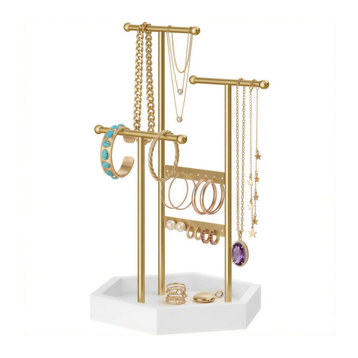 LEDREM Jewelry Holder, 3-Tier T-Bar Necklace Display Stand with Tray, 9 x 7.2 x 14 Inches, Gold and White