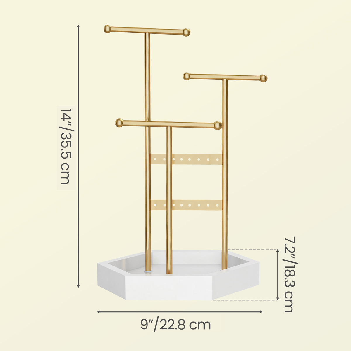 LEDREM Jewelry Holder, 3-Tier T-Bar Necklace Display Stand with Tray, 9 x 7.2 x 14 Inches, Gold and White