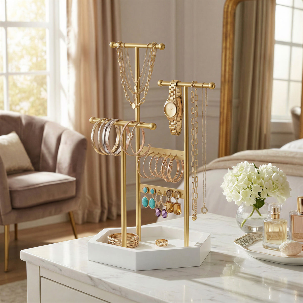 LEDREM Jewelry Holder, 3-Tier T-Bar Necklace Display Stand with Tray, 9 x 7.2 x 14 Inches, Gold and White