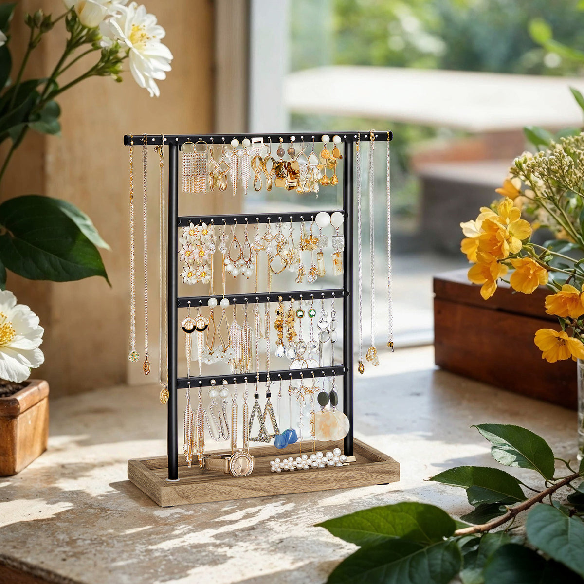 LEDREM 4-Tier Jewelry Stand, Jewelry Holder with Bottom Tray, for Necklaces and Earrings, Gift Idea, Wood Color and Black
