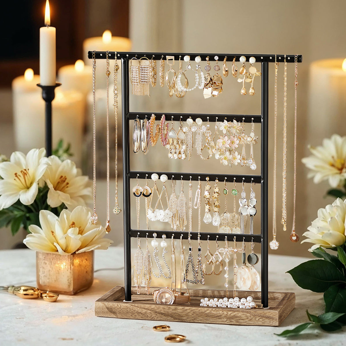 LEDREM 4-Tier Jewelry Stand, Jewelry Holder with Bottom Tray, for Necklaces and Earrings, Gift Idea, Wood Color and Black