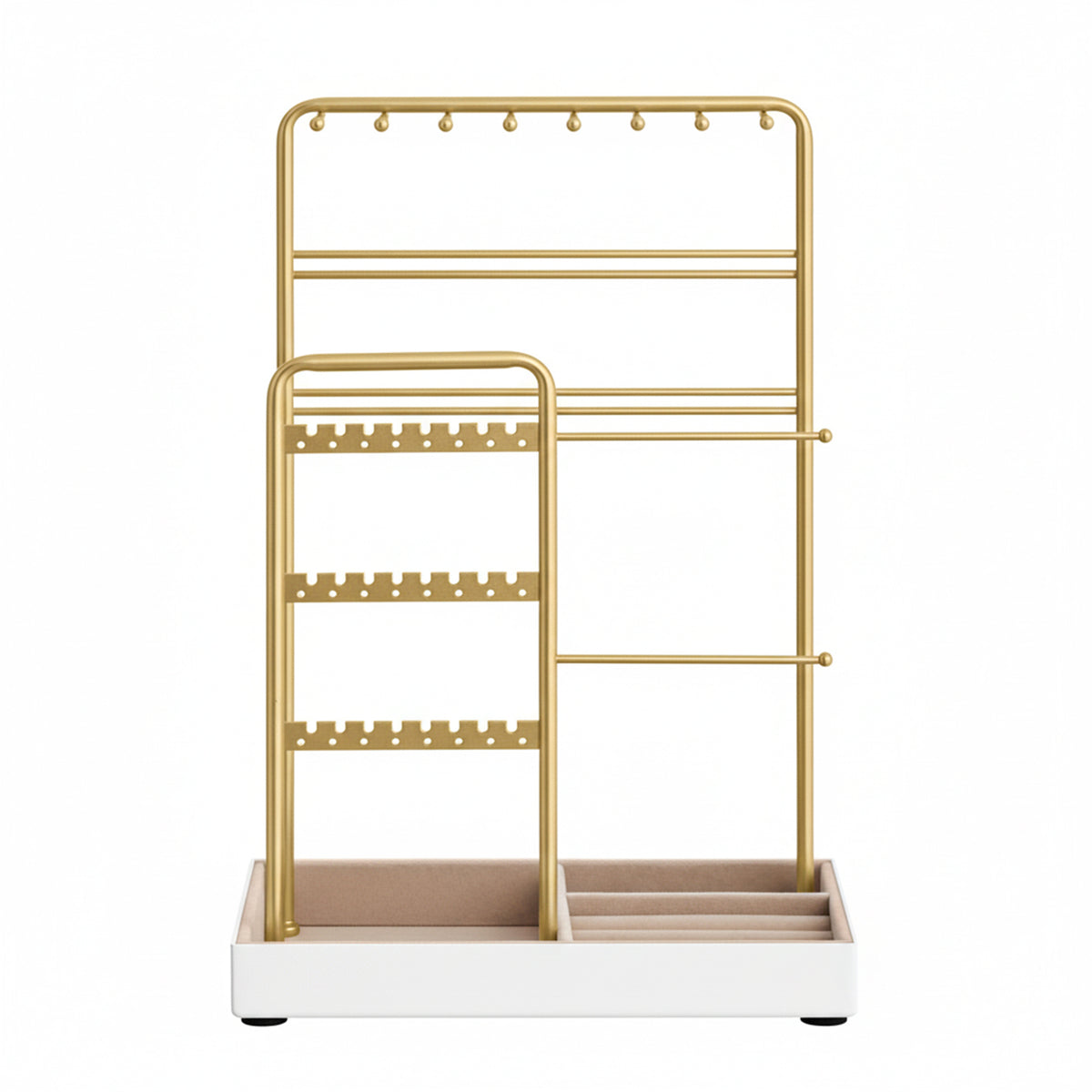 LEDREM Jewelry Organizer with Metal Frame and Velvet-Lined Tray, Display Stand for Earrings, Bracelets, Necklaces, Gold and Beige