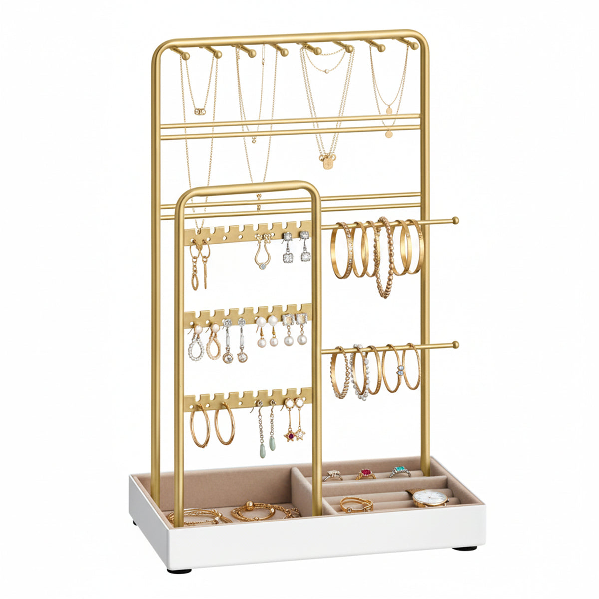 LEDREM Jewelry Organizer with Metal Frame and Velvet-Lined Tray, Display Stand for Earrings, Bracelets, Necklaces, Gold and Beige
