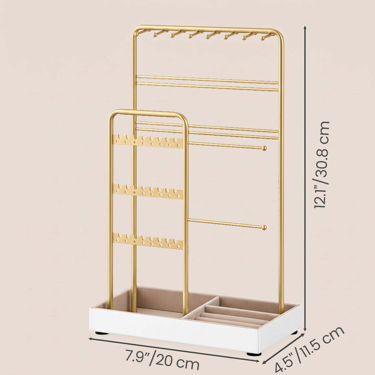 LEDREM Jewelry Organizer with Metal Frame and Velvet-Lined Tray, Display Stand for Earrings, Bracelets, Necklaces, Gold and Beige