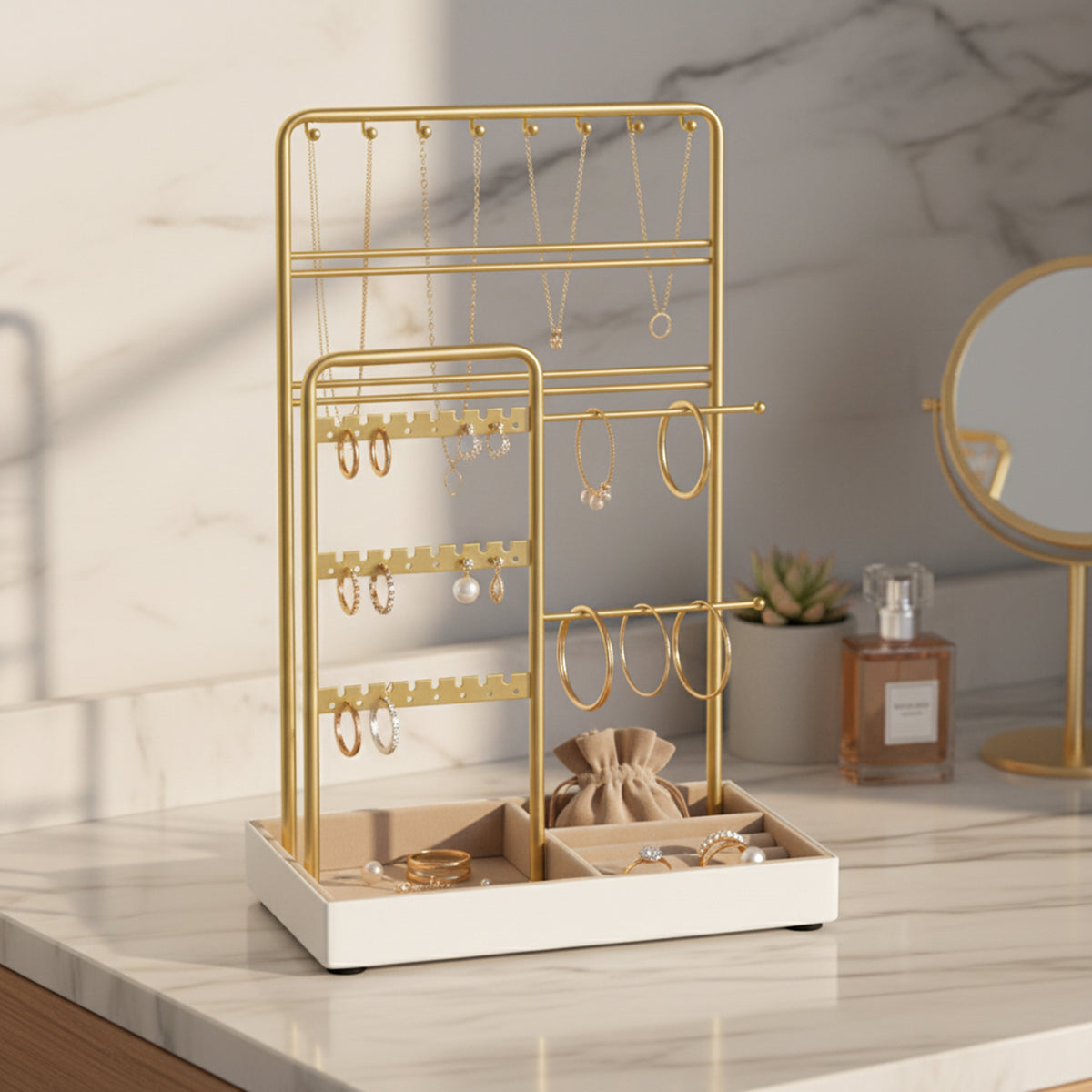 LEDREM Jewelry Organizer with Metal Frame and Velvet-Lined Tray, Display Stand for Earrings, Bracelets, Necklaces, Gold and Beige