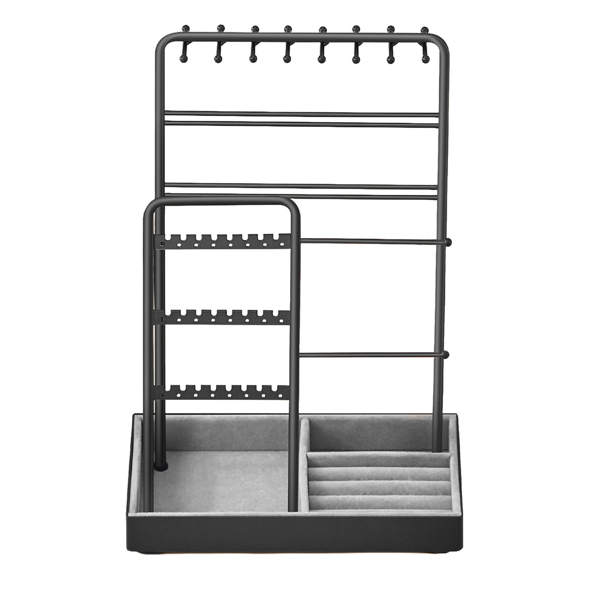 LEDREM Jewelry Holder, Jewelry Organizer, Jewelry Display Stand with Steel Frame, Flocking Fabric Tray, Necklace Earring Bracelet Holder, for Studs, Rings, Gift, Black and Gray