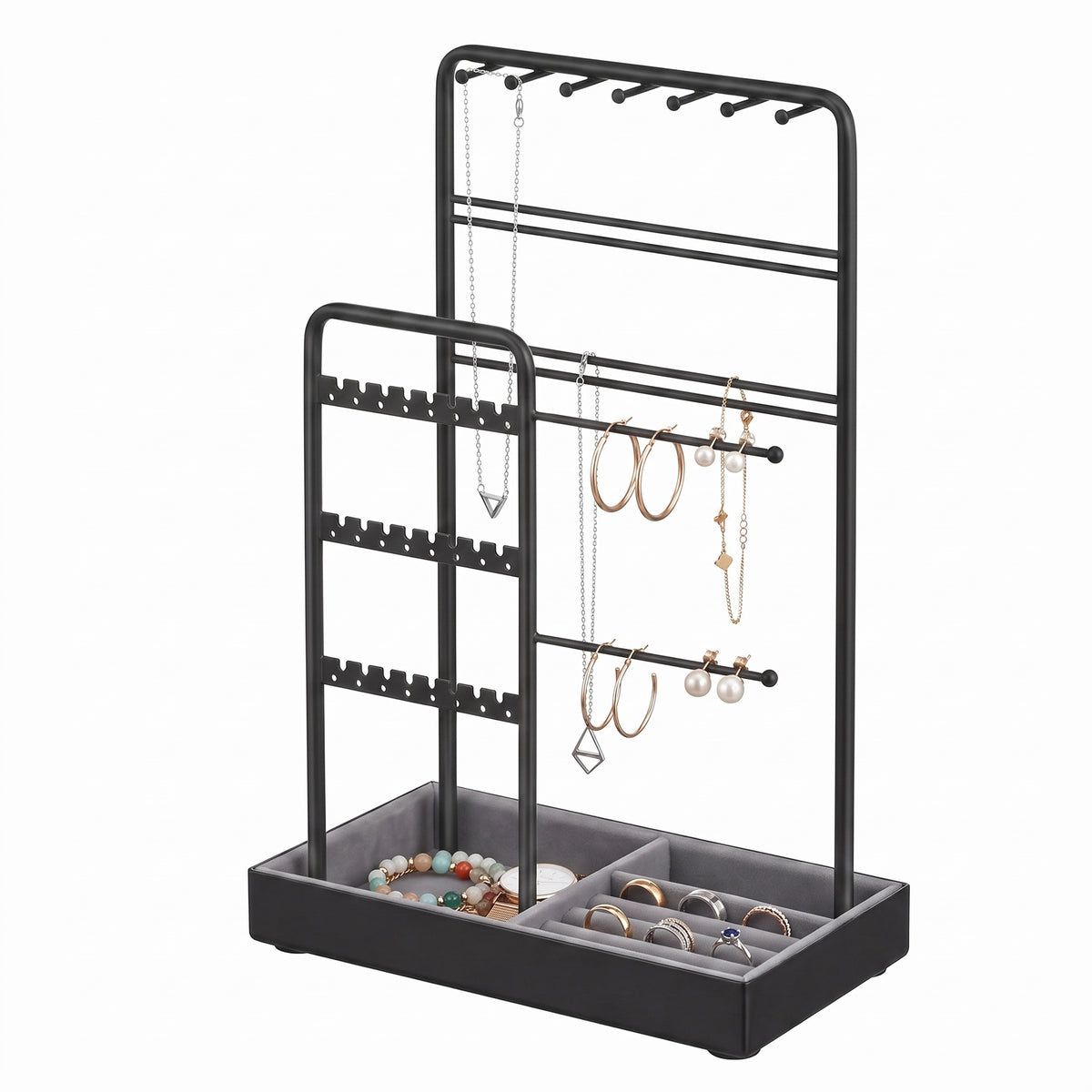 LEDREM Jewelry Holder, Jewelry Organizer, Jewelry Display Stand with Steel Frame, Flocking Fabric Tray, Necklace Earring Bracelet Holder, for Studs, Rings, Gift, Black and Gray