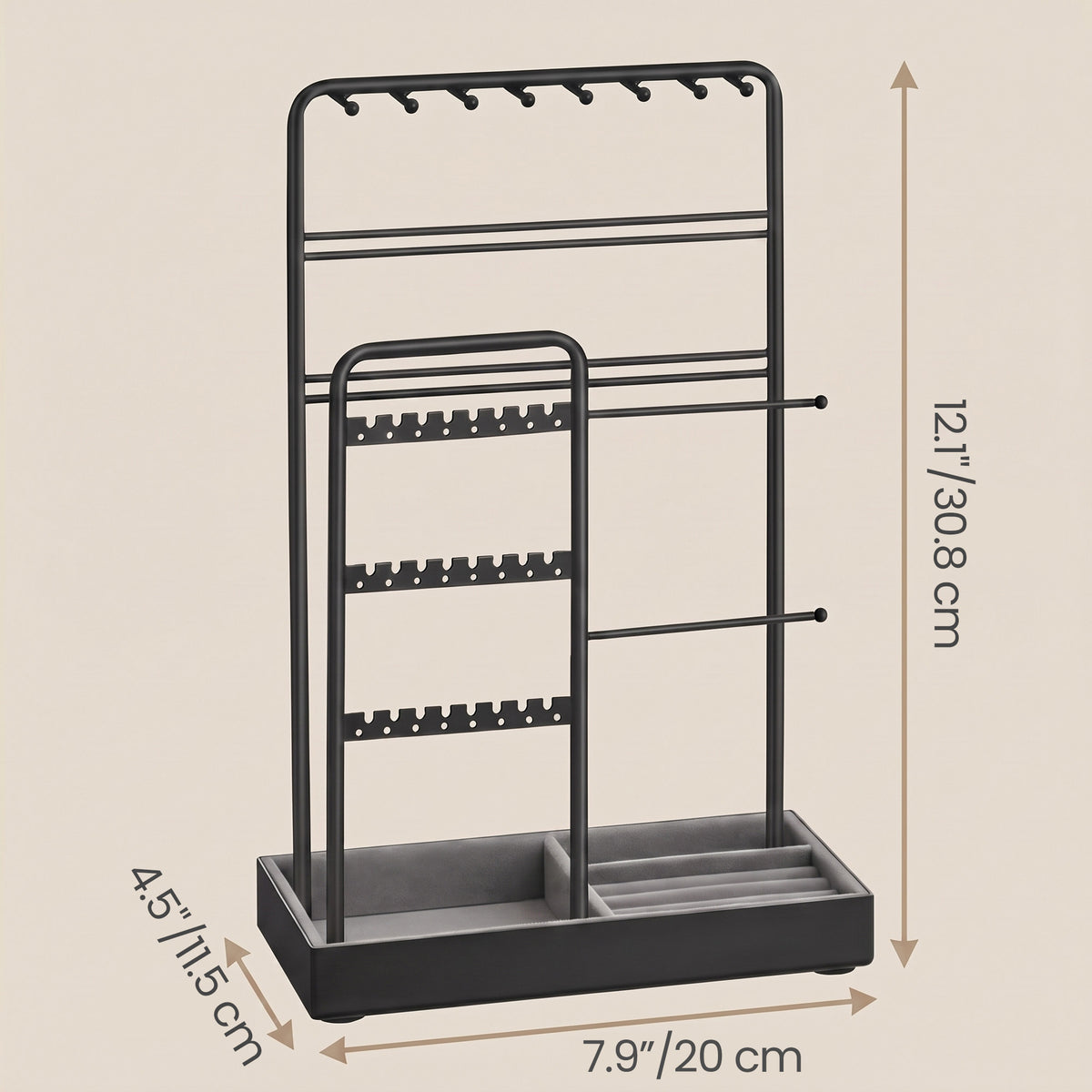 LEDREM Jewelry Holder, Jewelry Organizer, Jewelry Display Stand with Steel Frame, Flocking Fabric Tray, Necklace Earring Bracelet Holder, for Studs, Rings, Gift, Black and Gray