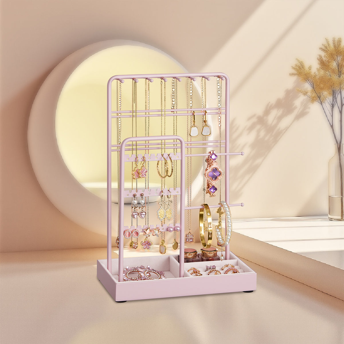 LEDREM Jewelry Organizer with Metal Frame and Velvet-Lined Tray, Display Stand for Earrings, Bracelets, Necklaces, Pink