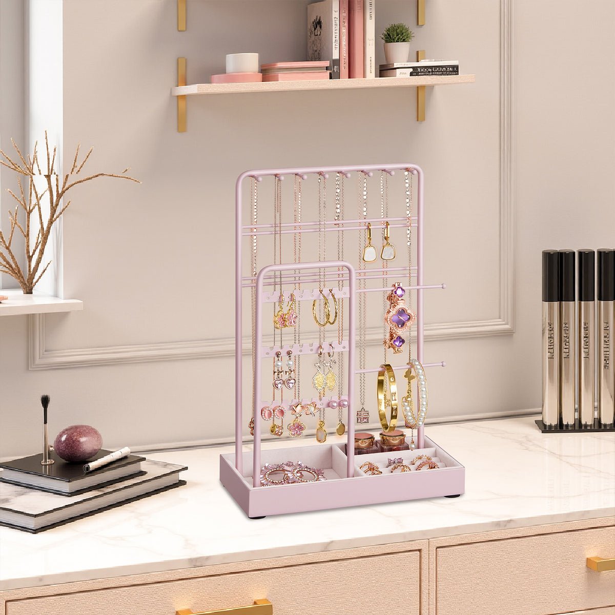 LEDREM Jewelry Organizer with Metal Frame and Velvet-Lined Tray, Display Stand for Earrings, Bracelets, Necklaces, Pink
