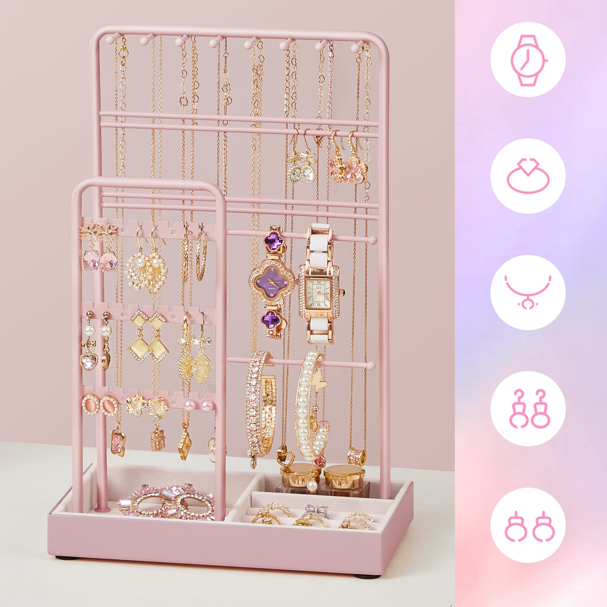 LEDREM Jewelry Organizer with Metal Frame and Velvet-Lined Tray, Display Stand for Earrings, Bracelets, Necklaces, Pink