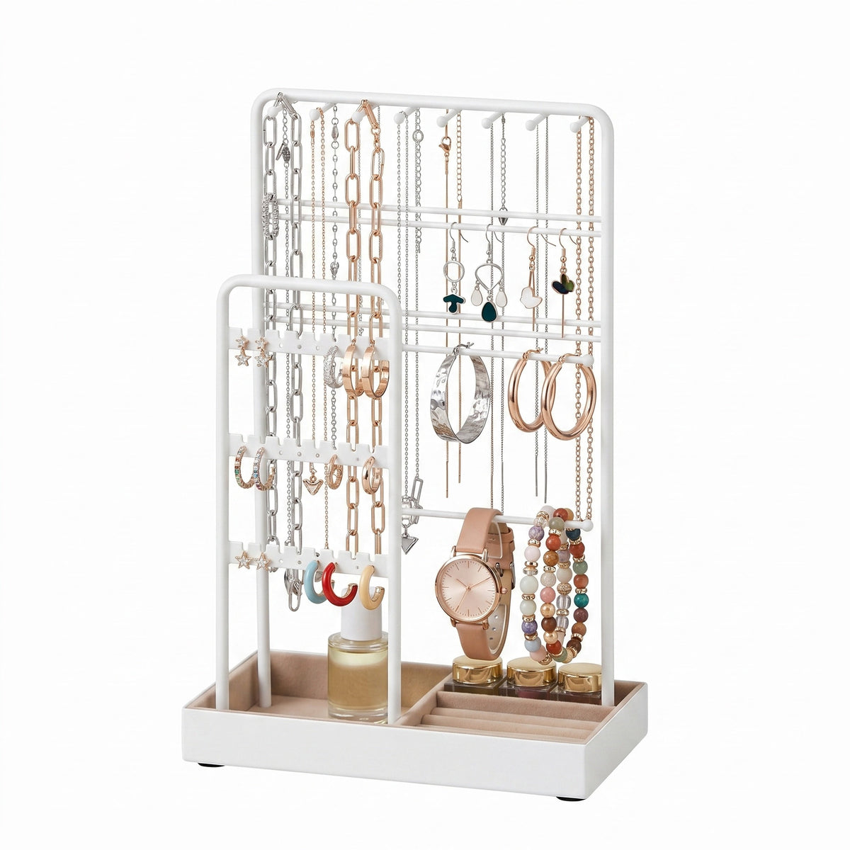 LEDREM Jewelry Holder, 2-Tier Necklace Rack and Vanity Organizer with Velvet Tray, 7.9 x 4.5 x 12.1 inches, White