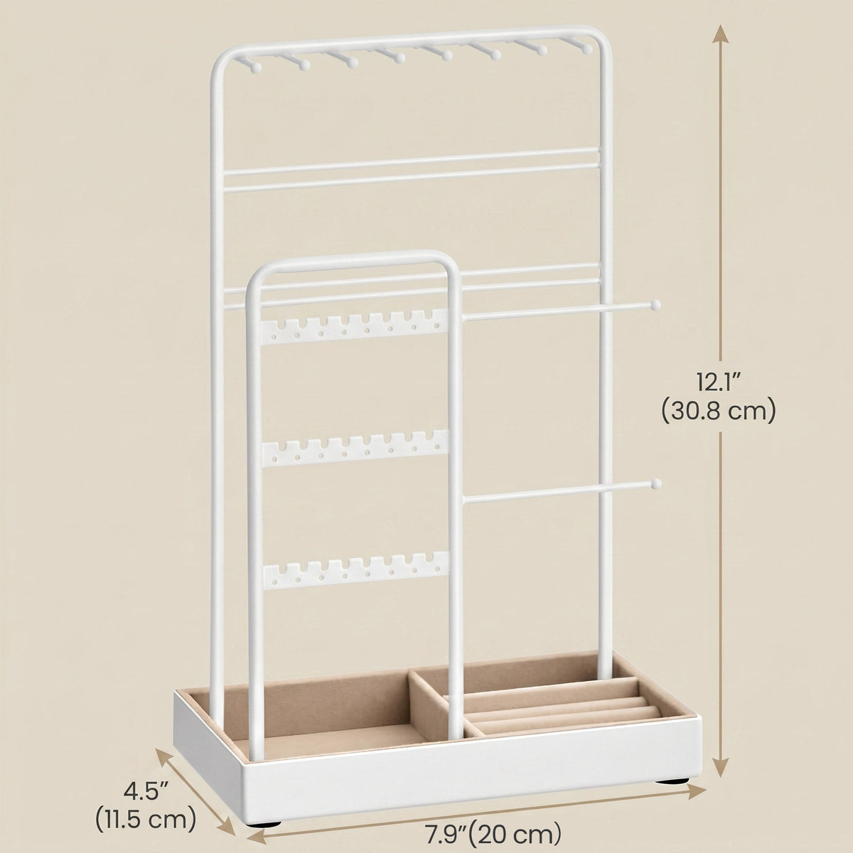 LEDREM Jewelry Holder, 2-Tier Necklace Rack and Vanity Organizer with Velvet Tray, 7.9 x 4.5 x 12.1 inches, White