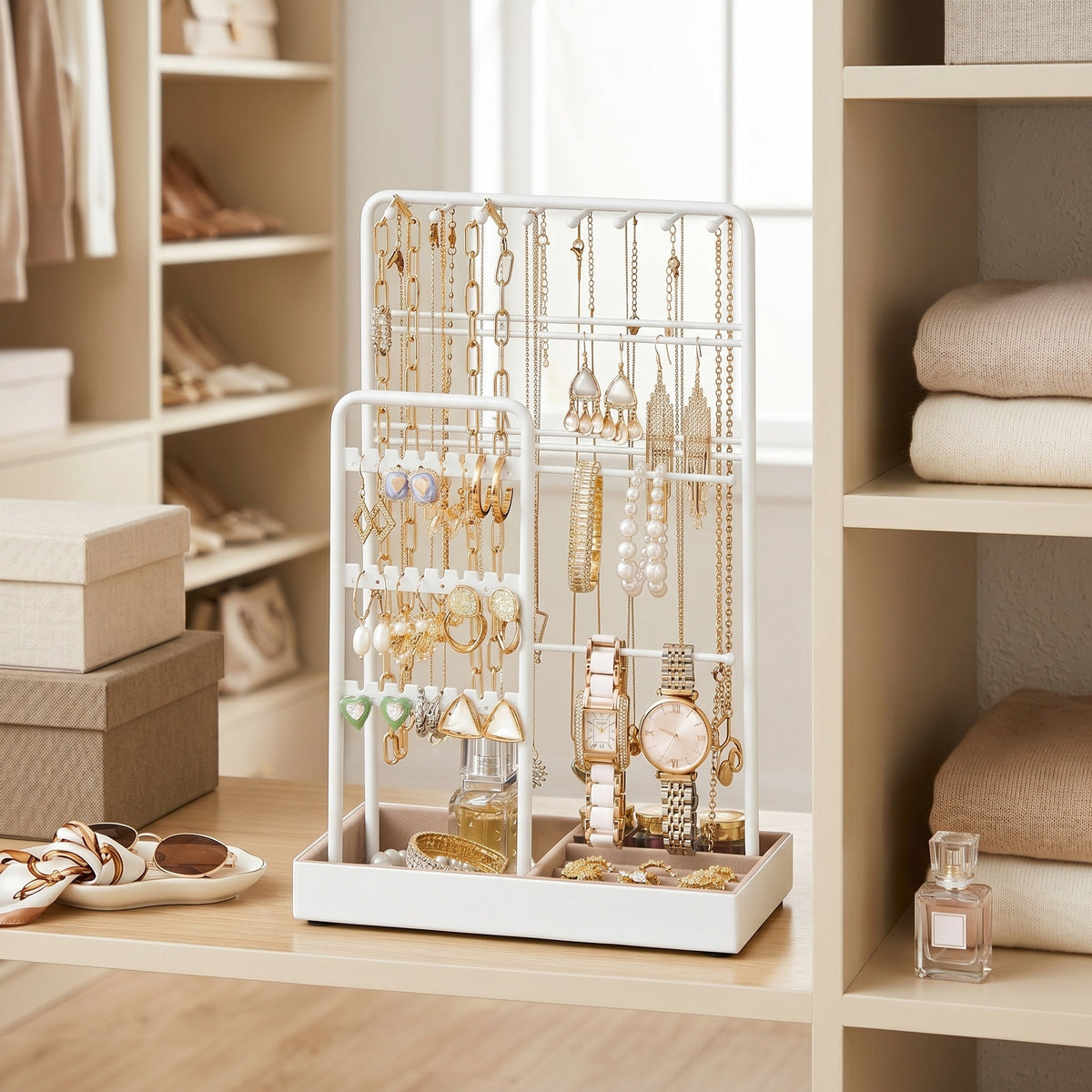 LEDREM Jewelry Holder, 2-Tier Necklace Rack and Vanity Organizer with Velvet Tray, 7.9 x 4.5 x 12.1 inches, White