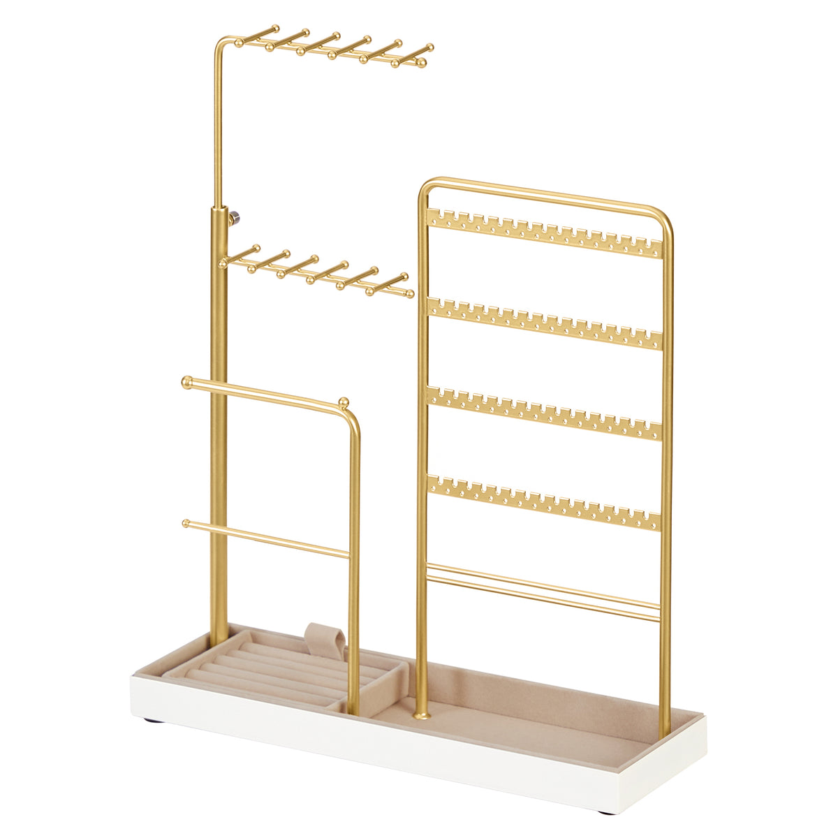 LEDREM Jewelry Holder, Height Adjustable Necklace Rack with Velvet Tray, Vanity Organizer, 12 x 3.9 x 12.2-18.7 Inches, Pale Gold