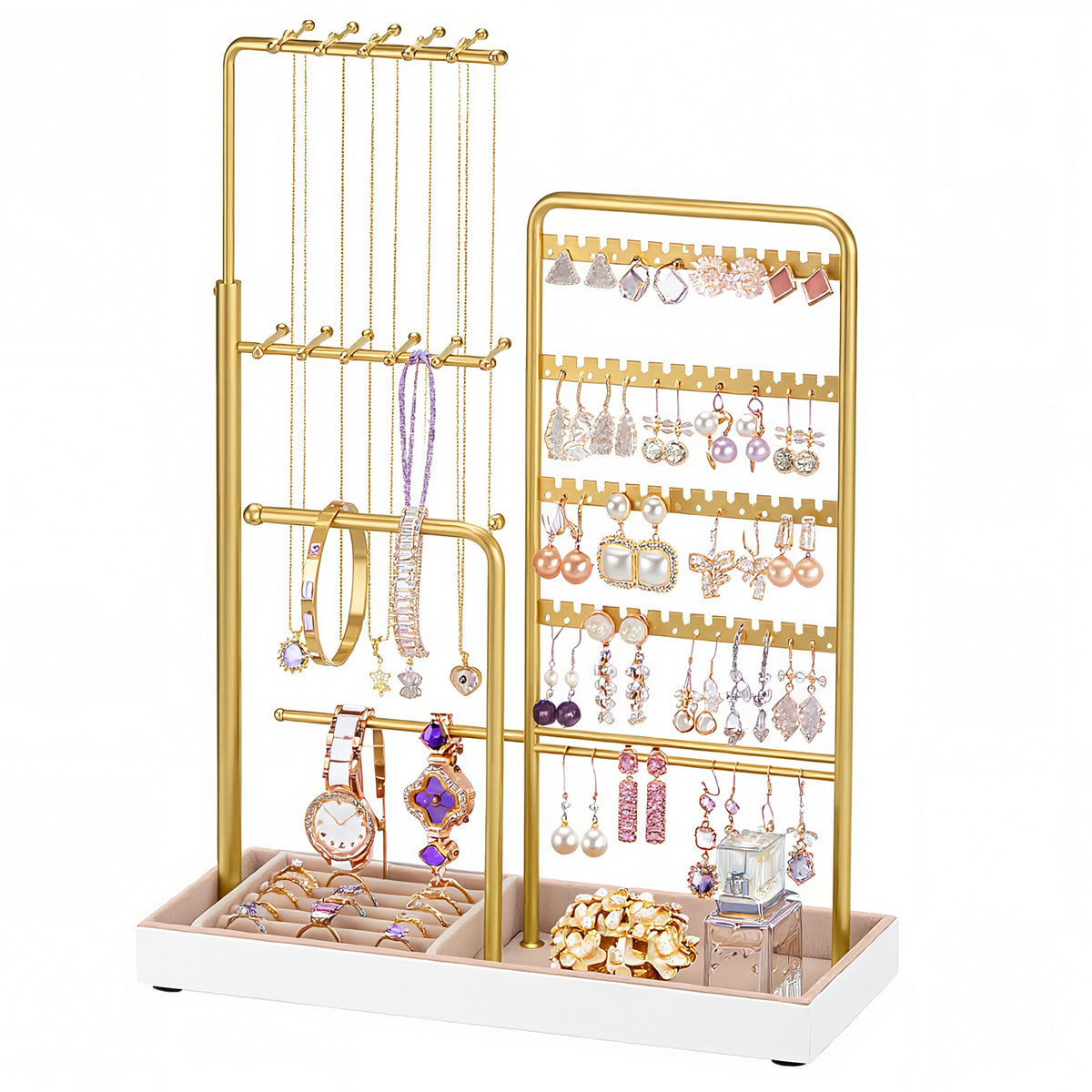 LEDREM Jewelry Holder, Height Adjustable Necklace Rack with Velvet Tray, Vanity Organizer, 12 x 3.9 x 12.2-18.7 Inches, Pale Gold