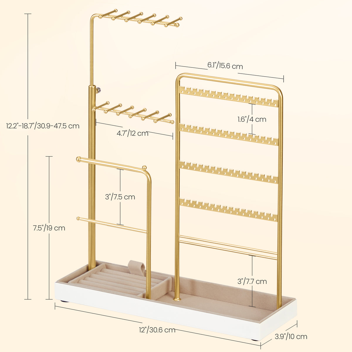 LEDREM Jewelry Holder, Height Adjustable Necklace Rack with Velvet Tray, Vanity Organizer, 12 x 3.9 x 12.2-18.7 Inches, Pale Gold