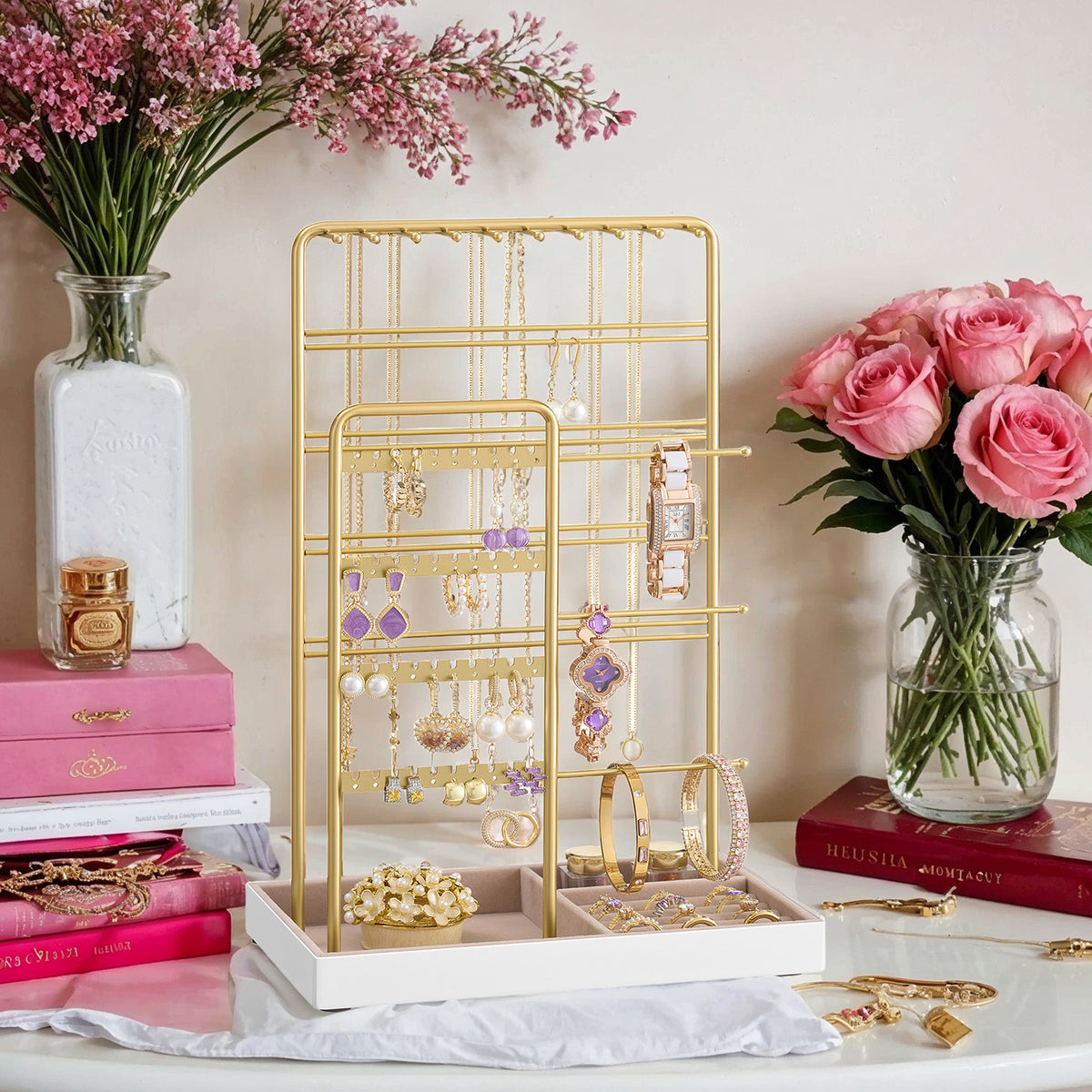 LEDREM Jewelry Holder, Jewelry Organizer, Jewelry Display Stand with Metal Frame, Velvet Tray, Necklace Earring Bracelet Holder, for Studs, Rings, Gift, Gold