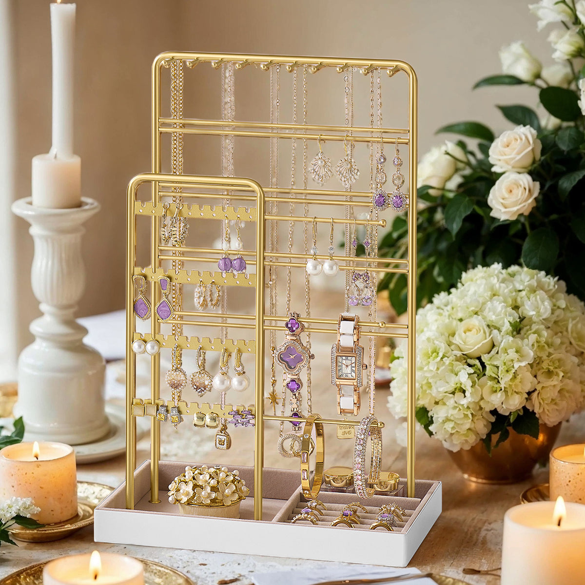 LEDREM Jewelry Holder, Jewelry Organizer, Jewelry Display Stand with Metal Frame, Velvet Tray, Necklace Earring Bracelet Holder, for Studs, Rings, Gift, Gold