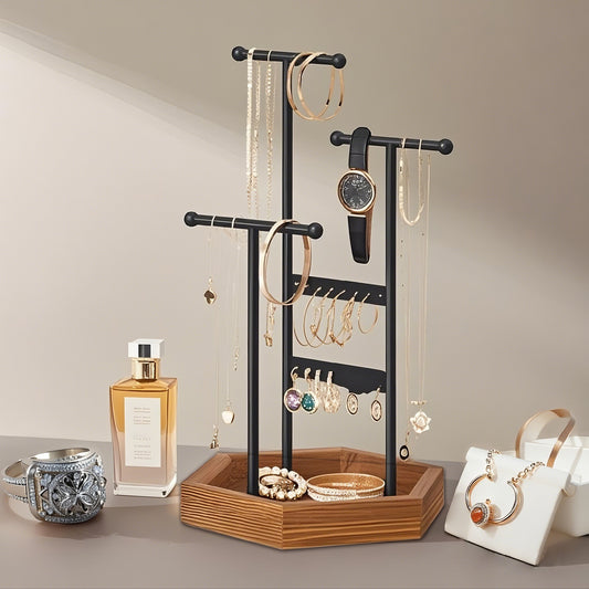 3-Tier Jewelry Display Stand with 16 Earring Holes, 3 Adjustable T-Bars, Hexagonal Base for Necklaces Bracelets Rings, Ink Black and Caramel Brown
