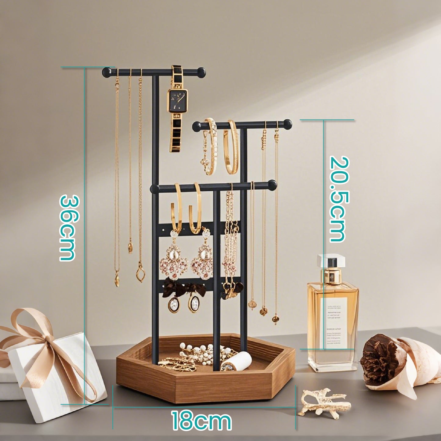 3-Tier Jewelry Display Stand with 16 Earring Holes, 3 Adjustable T-Bars, Hexagonal Base for Necklaces Bracelets Rings, Ink Black and Caramel Brown