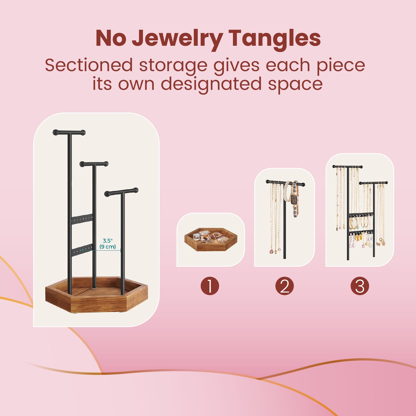 3-Tier Jewelry Display Stand with 16 Earring Holes, 3 Adjustable T-Bars, Hexagonal Base for Necklaces Bracelets Rings, Ink Black and Caramel Brown