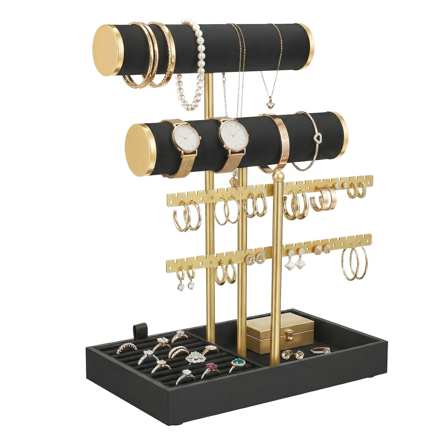Bracelet Holder Stand with Velvet Tray, 2-Tier Jewelry Organizer for Dresser, Removable Earring and Ring Holder, Black