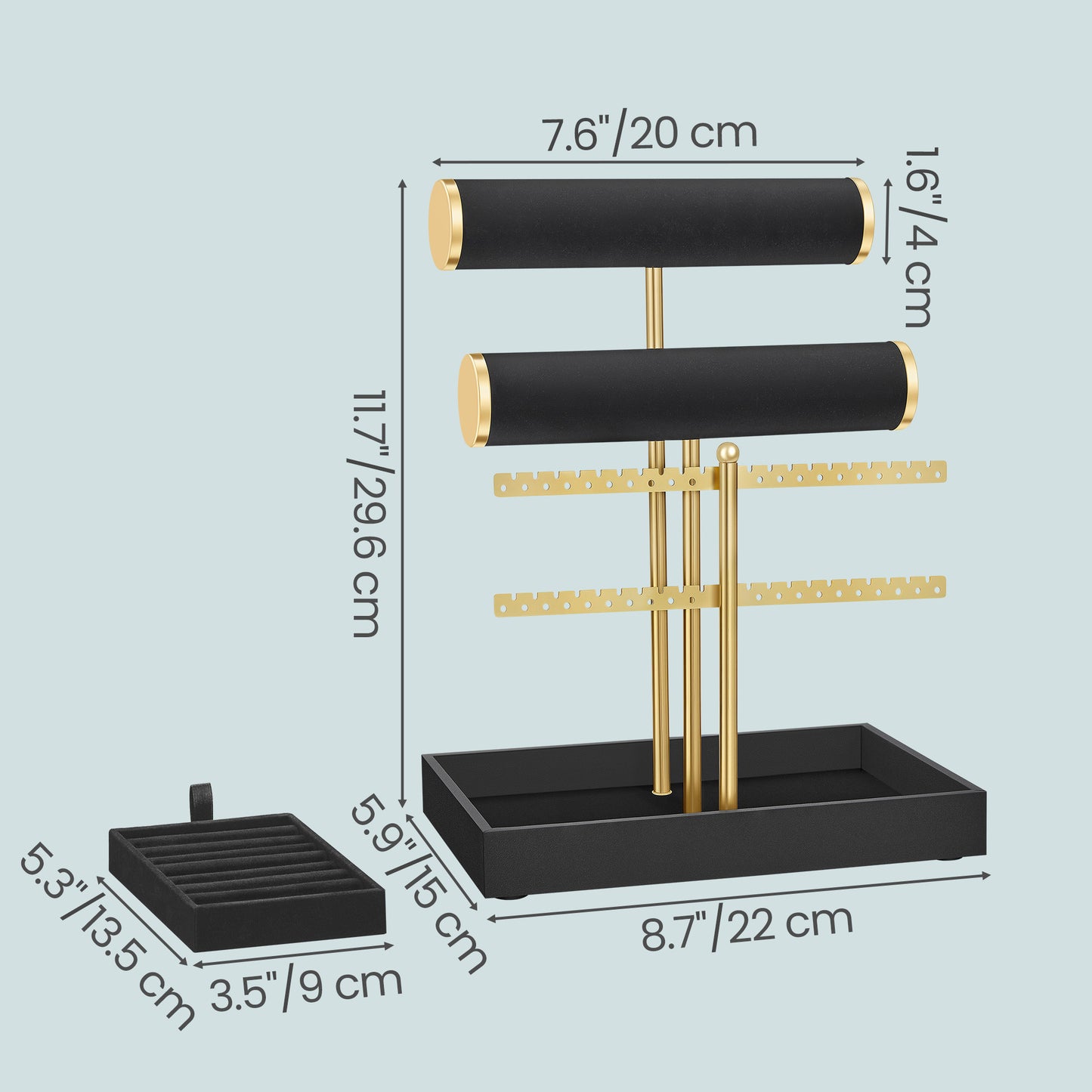 Bracelet Holder Stand with Velvet Tray, 2-Tier Jewelry Organizer for Dresser, Removable Earring and Ring Holder, Black