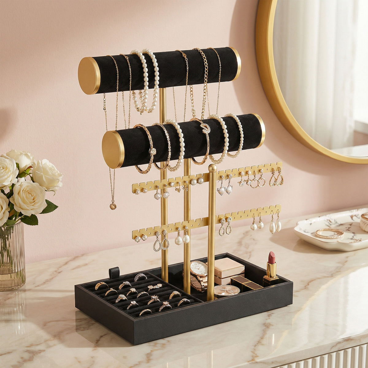 Bracelet Holder Stand with Velvet Tray, 2-Tier Jewelry Organizer for Dresser, Removable Earring and Ring Holder, Black