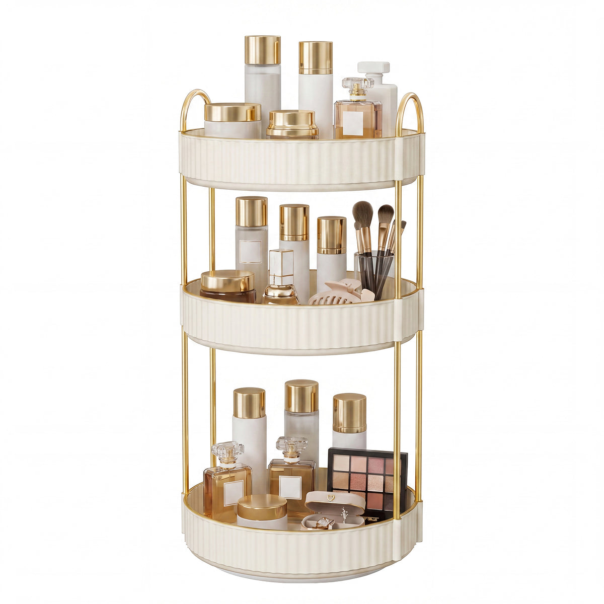 LEDREM Makeup Organizer, 3-Tier 360° Rotating Skincare Organizer Countertop for Vanity, 9.1 x 9.1 x 18.7 inches, White
